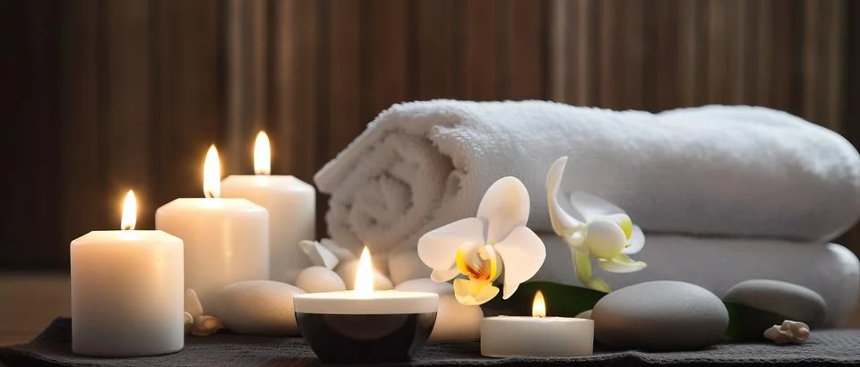 Spa composition on massage with Soft White Towels, Essential Oils, stones, .. Stock Photos