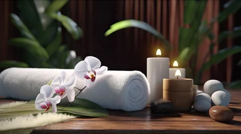Spa composition on massage with Soft White Towels, Essential Oils, stones, .. Stock Photos