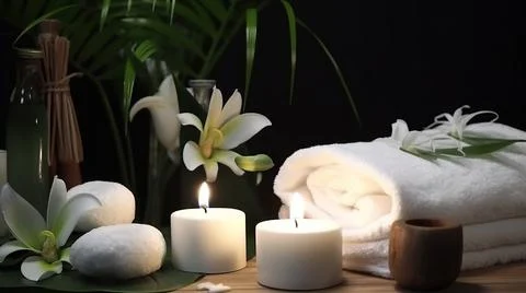 Spa composition on massage with Soft White Towels, Essential Oils, stones, .. Stock Photos