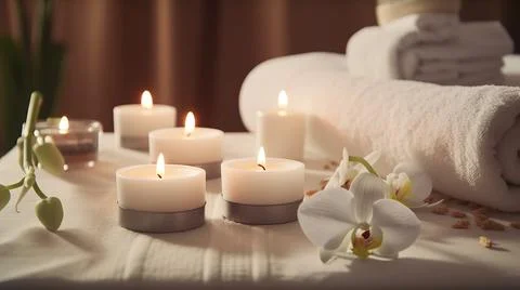 Spa composition on massage with Soft White Towels, Essential Oils, stones, .. Stock Photos