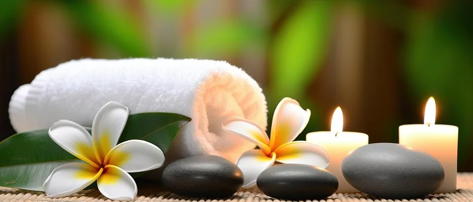 Spa composition on massage with Soft White Towels, Essential Oils, stones, .. Stock Photos