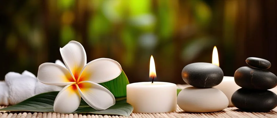 Spa composition on massage with Soft White Towels, Essential Oils, stones, .. Stock Photos
