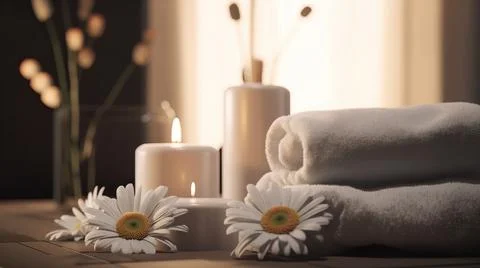Spa composition on massage with Soft White Towels, Essential Oils, stones, .. Stock Photos