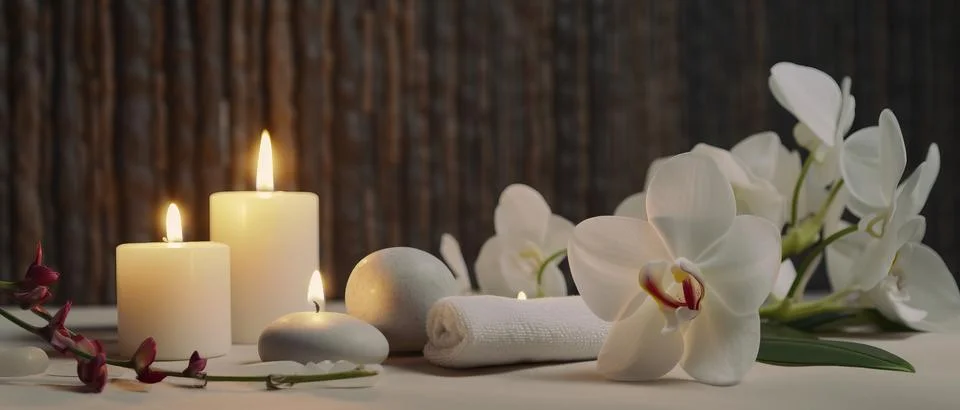Spa composition on massage with Soft White Towels, Essential Oils, stones, .. Stock Photos