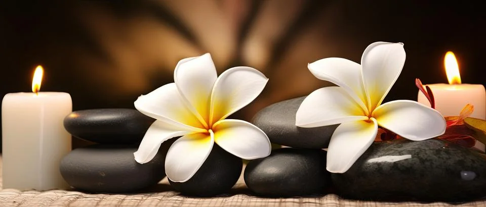 Spa composition on massage with Soft White Towels, Essential Oils, stones, .. Stock Photos
