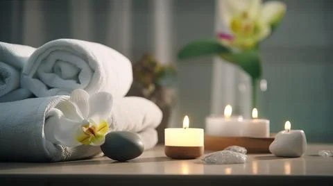 Spa composition on massage with Soft White Towels, Essential Oils, stones, .. Stock-Fotos