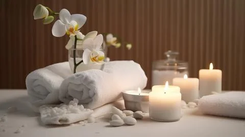 Spa composition on massage with Soft White Towels, Essential Oils, stones, .. Stock Photos