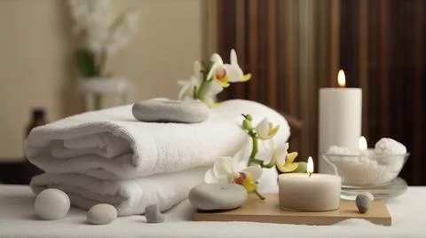 Spa composition on massage with Soft White Towels, Essential Oils, stones, .. Stock Photos