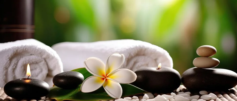 Spa composition on massage with Soft White Towels, Essential Oils, stones, .. Stock Photos