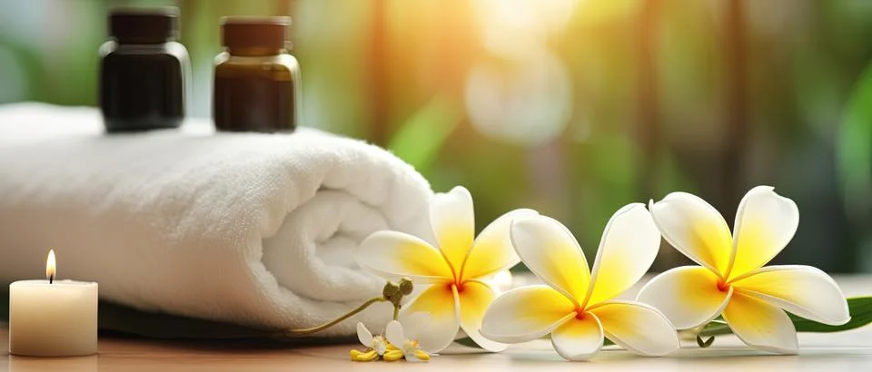 Spa composition on massage with Soft White Towels, Essential Oils, stones, .. Stock-Fotos