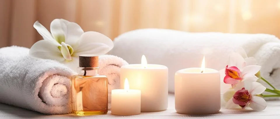 Spa composition on massage with Soft White Towels, Essential Oils, stones, .. Stock Photos