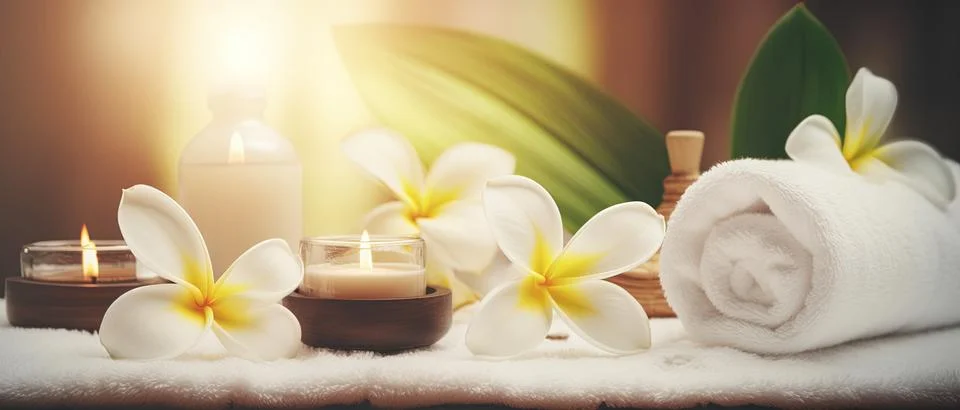Spa composition on massage with Soft White Towels, Essential Oils, stones, .. Stock Photos