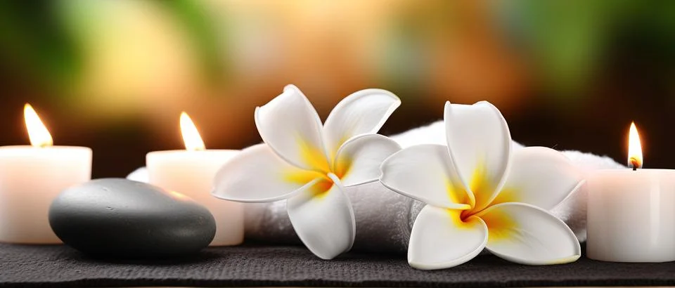 Spa composition on massage with Soft White Towels, Essential Oils, stones, .. Stock Photos