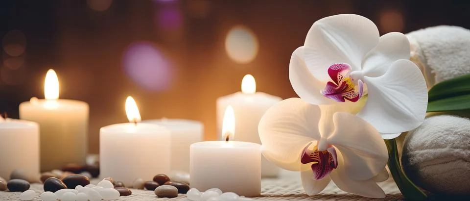 Spa composition on massage with Soft White Towels, Essential Oils, stones, .. Stock Photos
