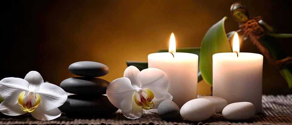 Spa composition on massage with Soft White Towels, Essential Oils, stones, .. Stock Photos
