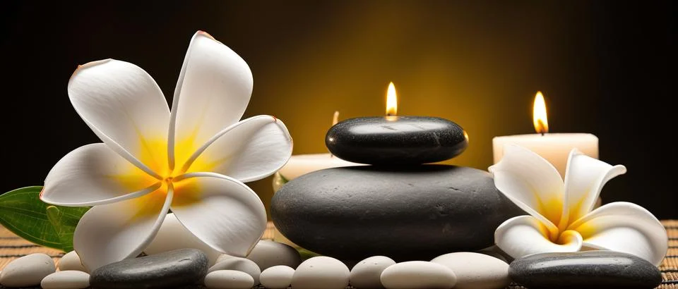 Spa composition on massage with Soft White Towels, Essential Oils, stones, .. Stock Photos