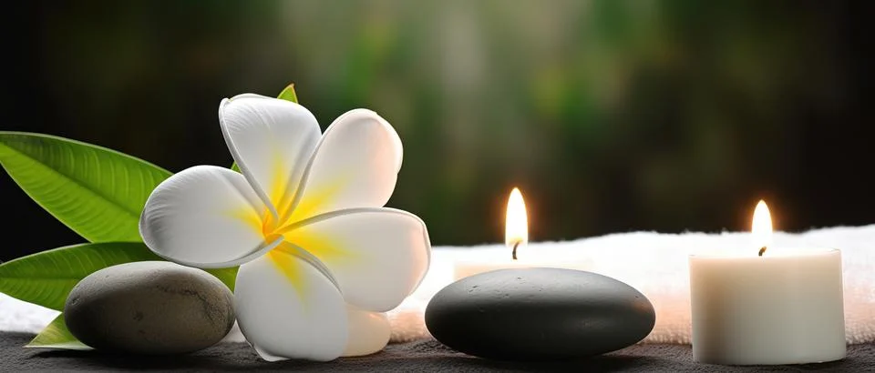 Spa composition on massage with Soft White Towels, Essential Oils, stones, .. Stock Photos
