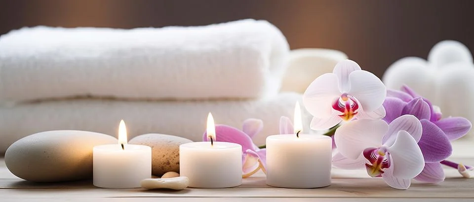 Spa composition on massage with Soft White Towels, Essential Oils, stones, .. Stock Photos