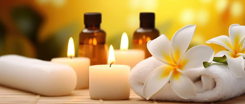 Spa composition on massage with Soft White Towels, Essential Oils, stones, .. Stock Photos