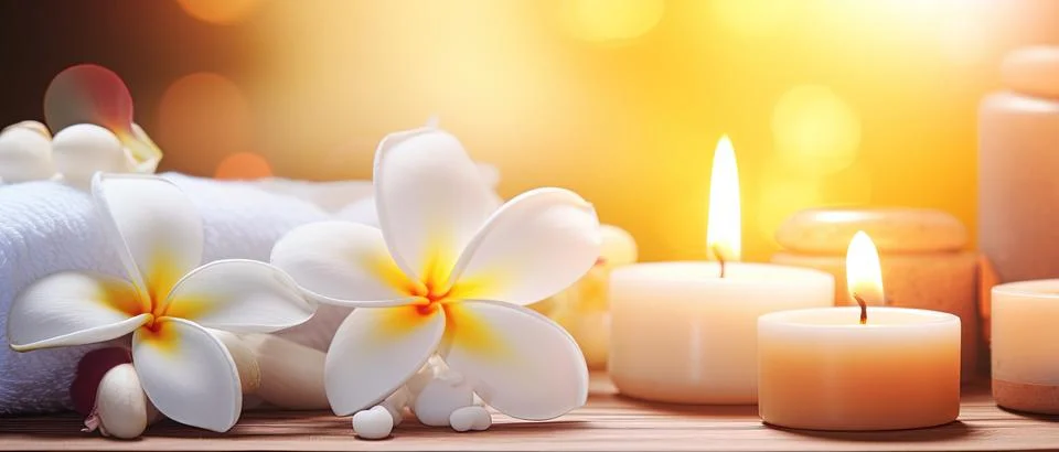 Spa composition on massage with Soft White Towels, Essential Oils, stones, .. Stock Photos