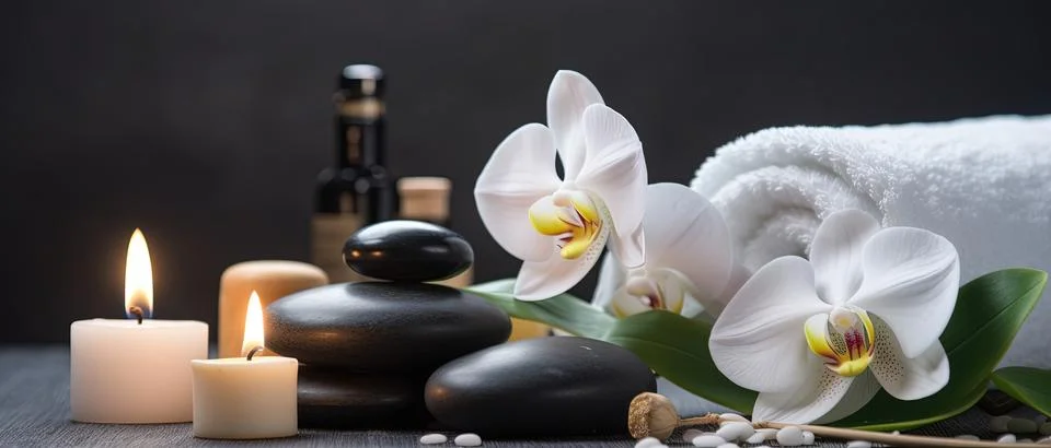 Spa composition on massage with Soft White Towels, Essential Oils, stones, .. Stock Photos