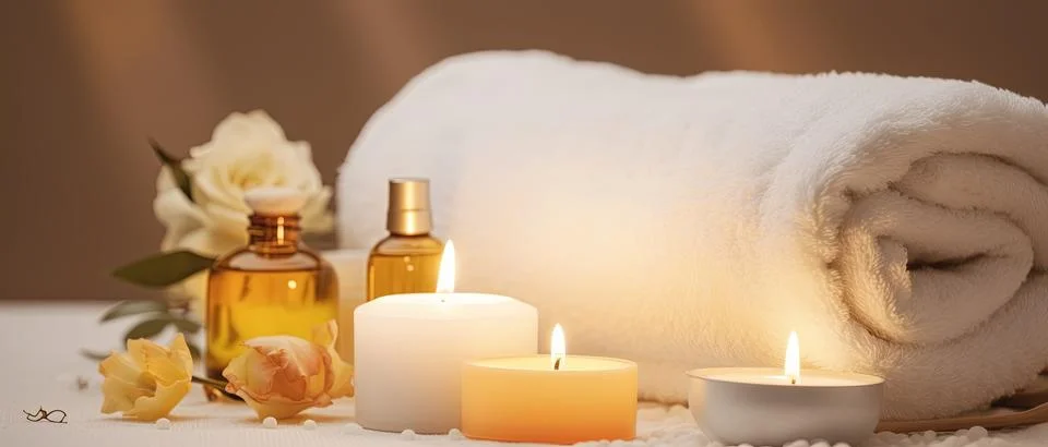 Spa composition on massage with Soft White Towels, Essential Oils, stones, .. Stock Photos