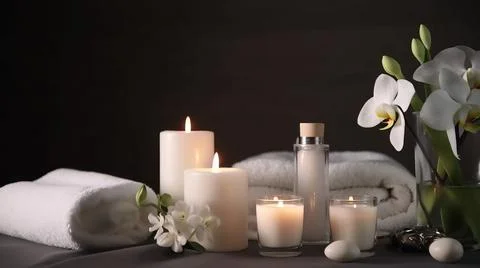 Spa composition on massage with Soft White Towels, Essential Oils, stones, .. Stock Photos