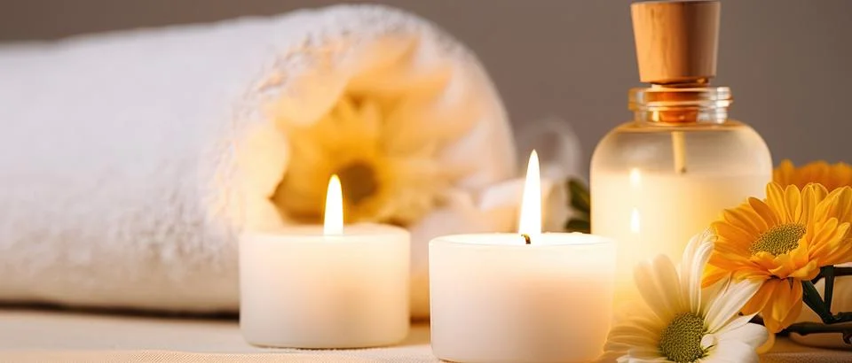 Spa composition on massage with Soft White Towels, Essential Oils, stones, .. Stock Photos