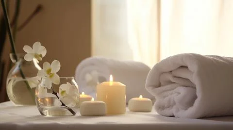 Spa composition on massage with Soft White Towels, Essential Oils, stones, .. Stock Photos