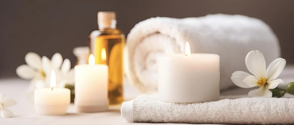 Spa composition on massage with Soft White Towels, Essential Oils, stones, .. Stock Photos
