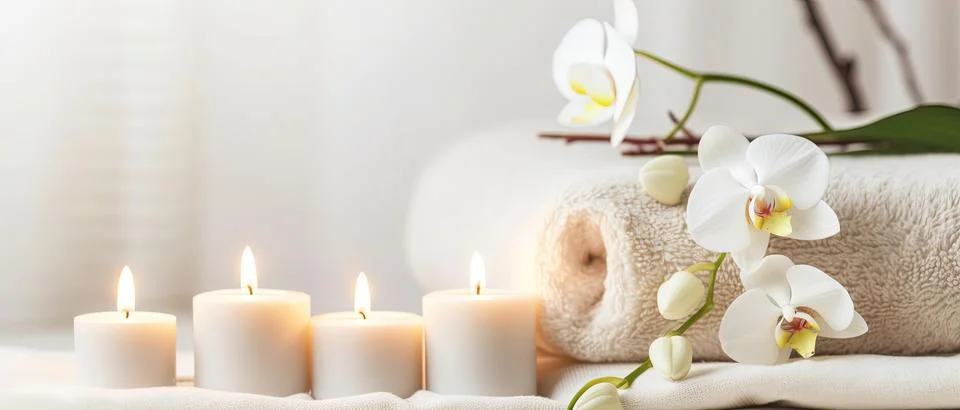 Spa composition on massage with Soft White Towels, Essential Oils, stones, .. Stock Photos