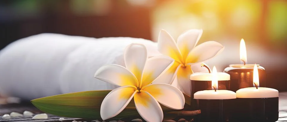 Spa composition on massage with Soft White Towels, Essential Oils, stones, .. Stock Photos