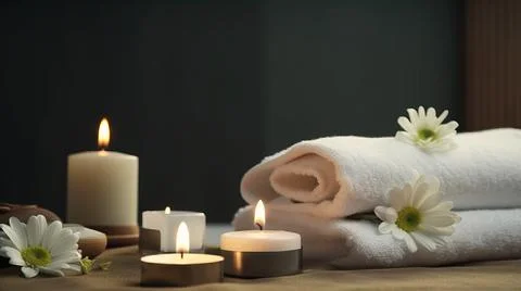 Spa composition on massage with Soft White Towels, Essential Oils, stones, .. Stock Photos