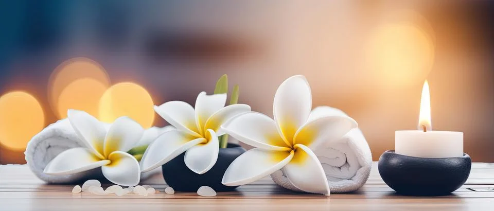 Spa composition on massage with Soft White Towels, Essential Oils, stones, .. Stock Photos