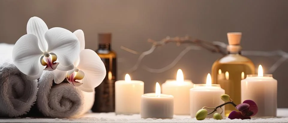 Spa composition on massage with Soft White Towels, Essential Oils, stones, .. Stock Photos