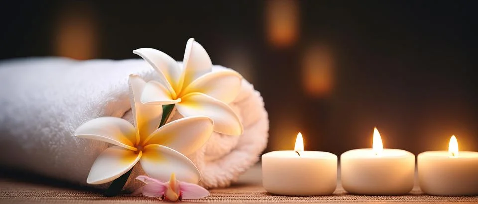 Spa composition on massage with Soft White Towels, Essential Oils, stones, .. Stock Photos