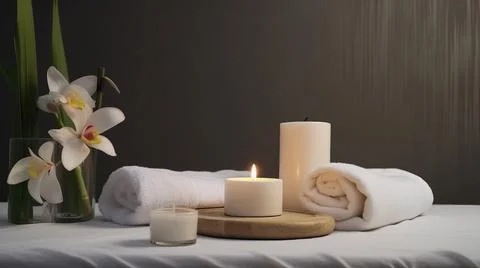 Spa composition on massage with Soft White Towels, Essential Oils, stones, .. Stock Photos