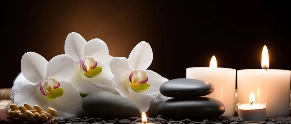 Spa composition on massage with Soft White Towels, Essential Oils, stones, .. Stock Photos