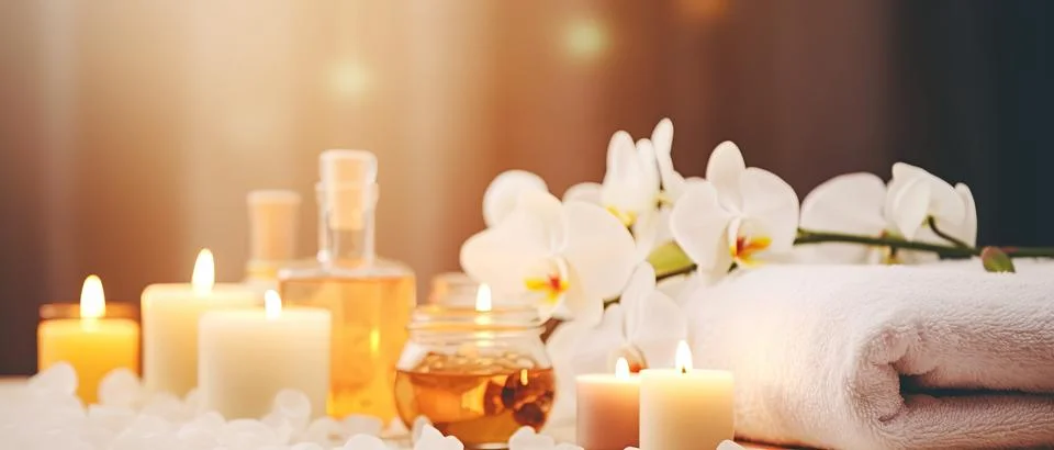 Spa composition on massage with Soft White Towels, Essential Oils, stones, .. Stock Photos