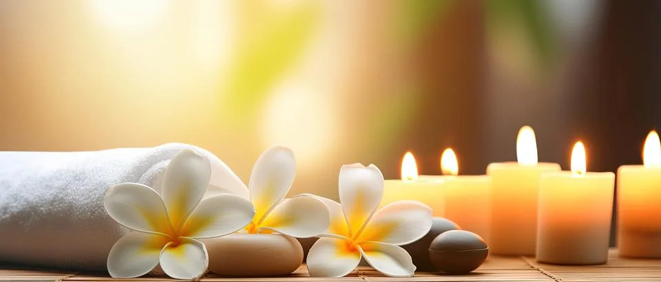 Spa composition on massage with Soft White Towels, Essential Oils, stones, .. Stock Photos