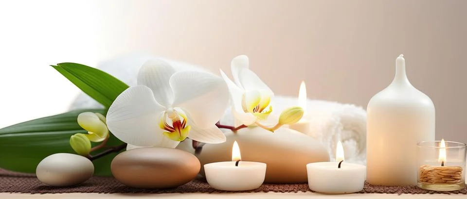Spa composition on massage with Soft White Towels, Essential Oils, stones, .. Stock Photos