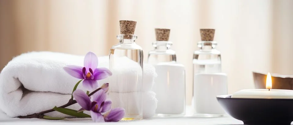 Spa composition on massage with Soft White Towels, Essential Oils, stones, .. Stock Photos