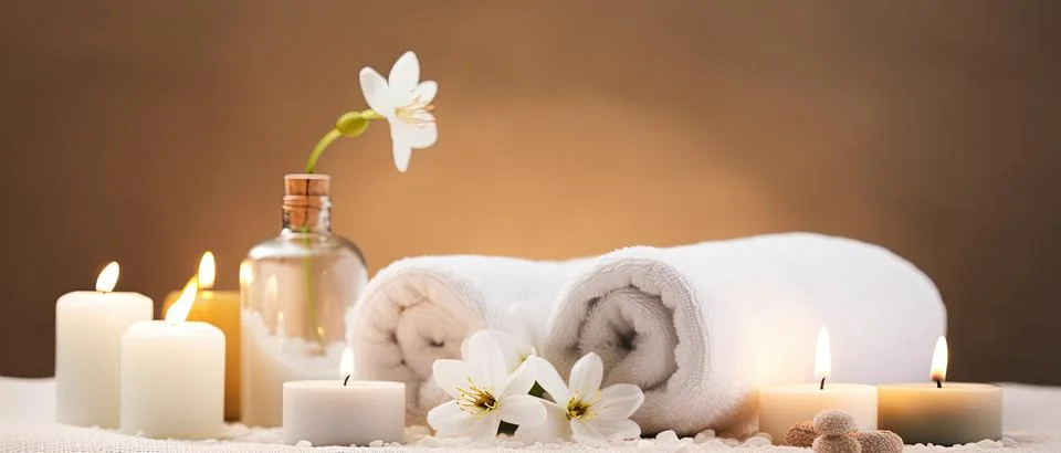 Spa composition on massage with Soft White Towels, Essential Oils, stones, .. Stock Photos