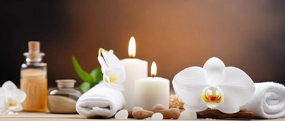 Spa composition on massage with Soft White Towels, Essential Oils, stones, .. Stock Photos