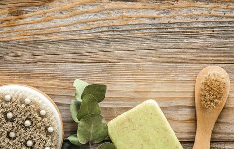 Spa composition in rustic style with body care items, top view. Stock Photos