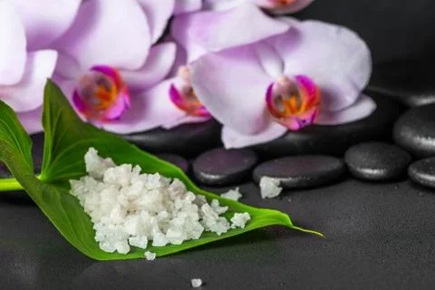 Spa composition of sea salt on leaf and lilac orchid (phalaenopsis) with drop Fotos Stock