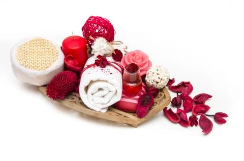 Spa composition with spa accessories and towels on white background. Stock Photos