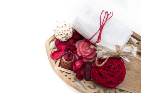 Spa composition with spa accessories and towels on white background. Stock Photos