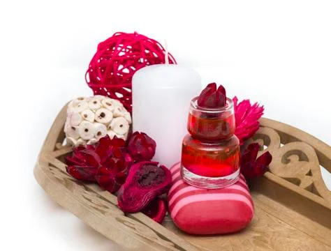 Spa composition with spa accessories and towels on white background. Stock Photos