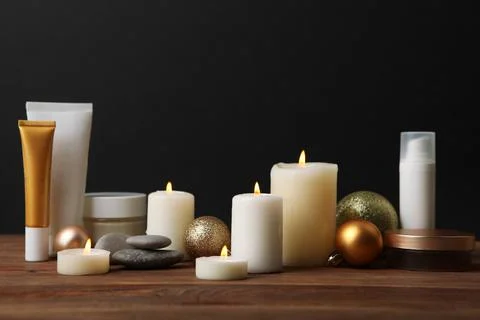 Spa composition on the table and Christmas accessories. Skin care Stock-Fotos
